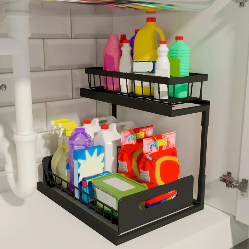 Under Sinks Organizer, Pull Out Cabinet Organizer 2 Tier Slide Out Sink Shelf Cabinet Storage Shelves