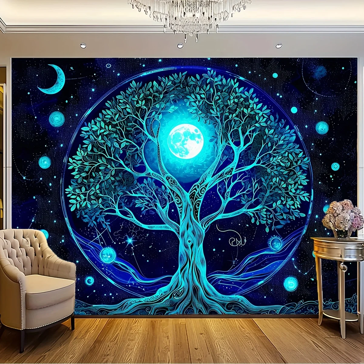 Mystical Tree of Life Tapestry, Blue Cosmic Design for Spiritual Decor, Soft Polyester Wall Hanging, Ideal Gift for Art Lovers
