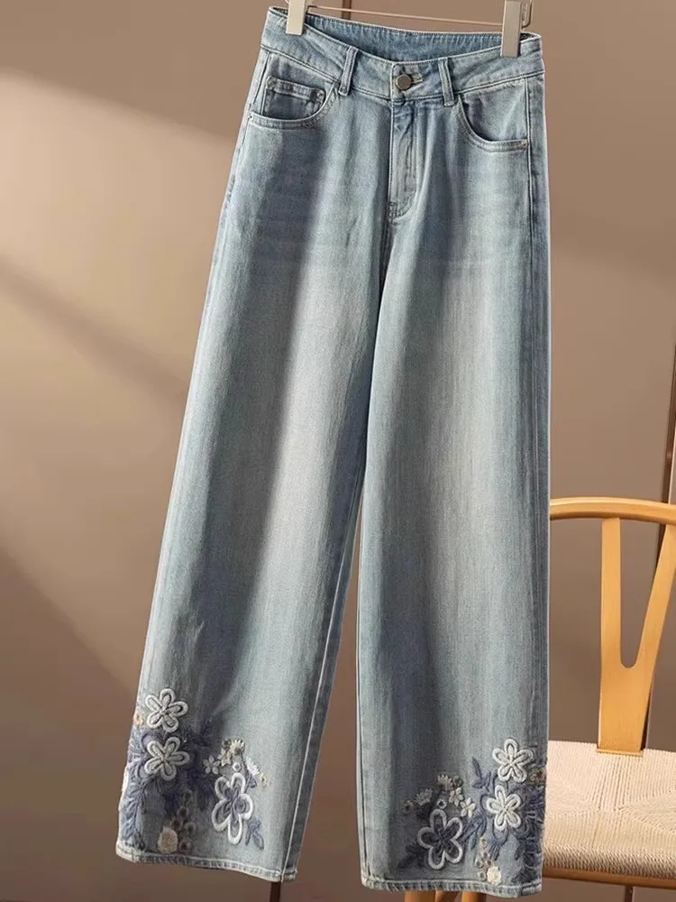 

Свободные синие узкие прямые джинсы с высокой талией и широкими штанинами, с вышивкой, женские весенние новые джинсовые брюки с высокой талией