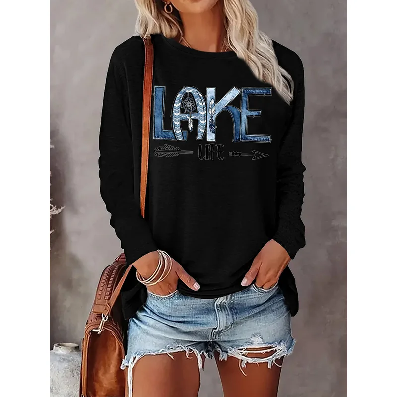 LAKE LIFE Graphic Print Women Long Sleeve Tee Crew Neck Casual Daily Wear Shirts