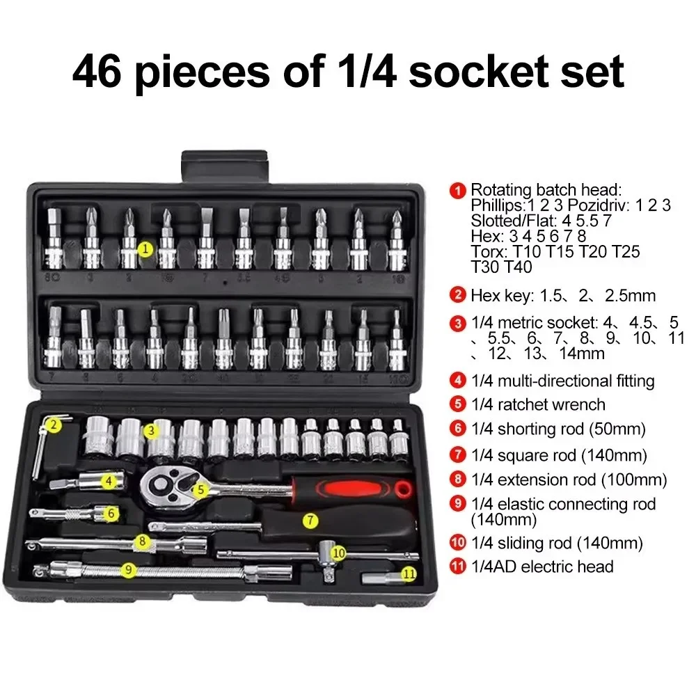 

46pcs Carbon Steel Ratchet Wrench Set 1/4 Inch with Storage Toolbox Torque Wrench Combo Kit Wrench Socket Spanner