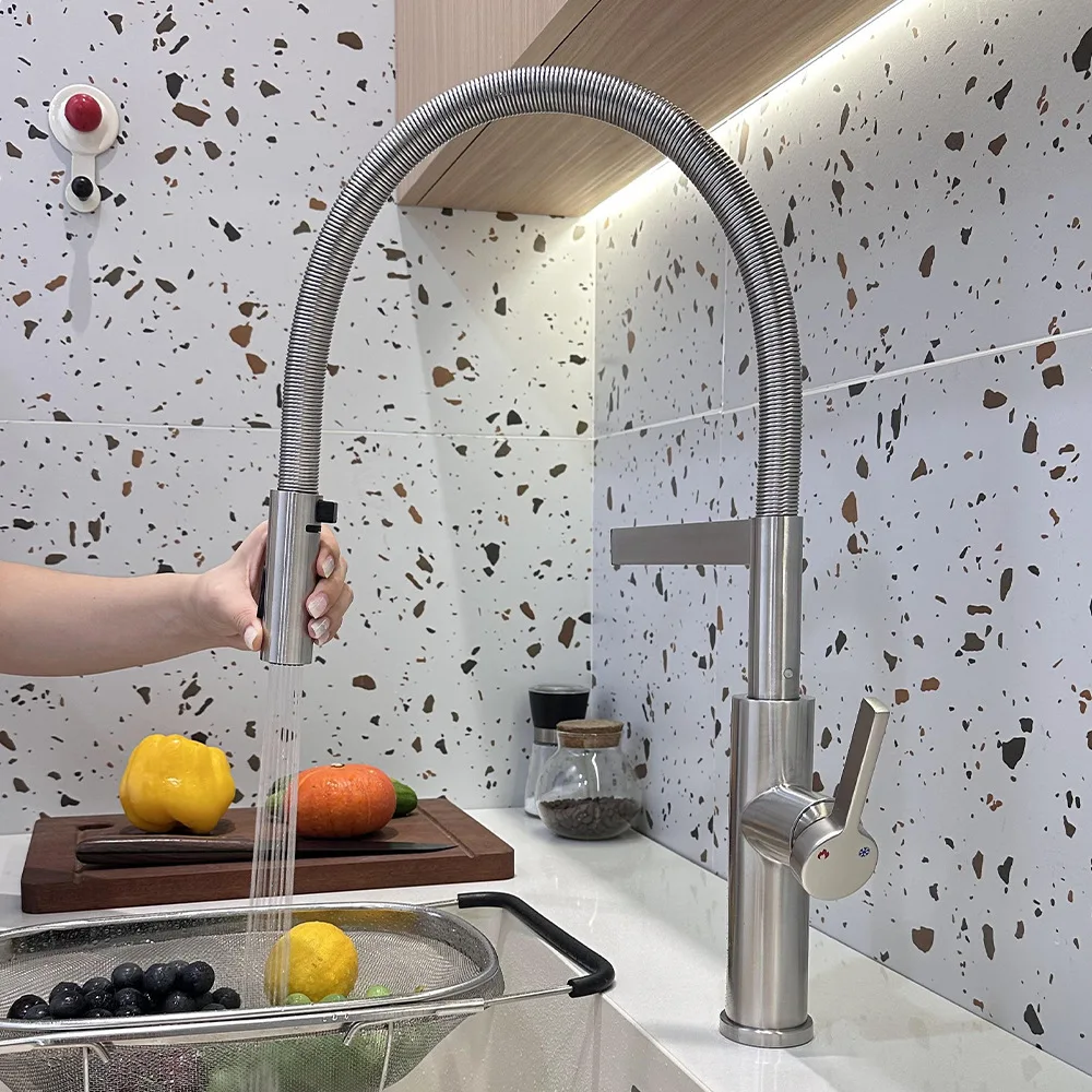 Spring stainless steel kitchen faucet - dual-purpose (hot and cold) magnetic swivel type sink and dishwashing basin faucet