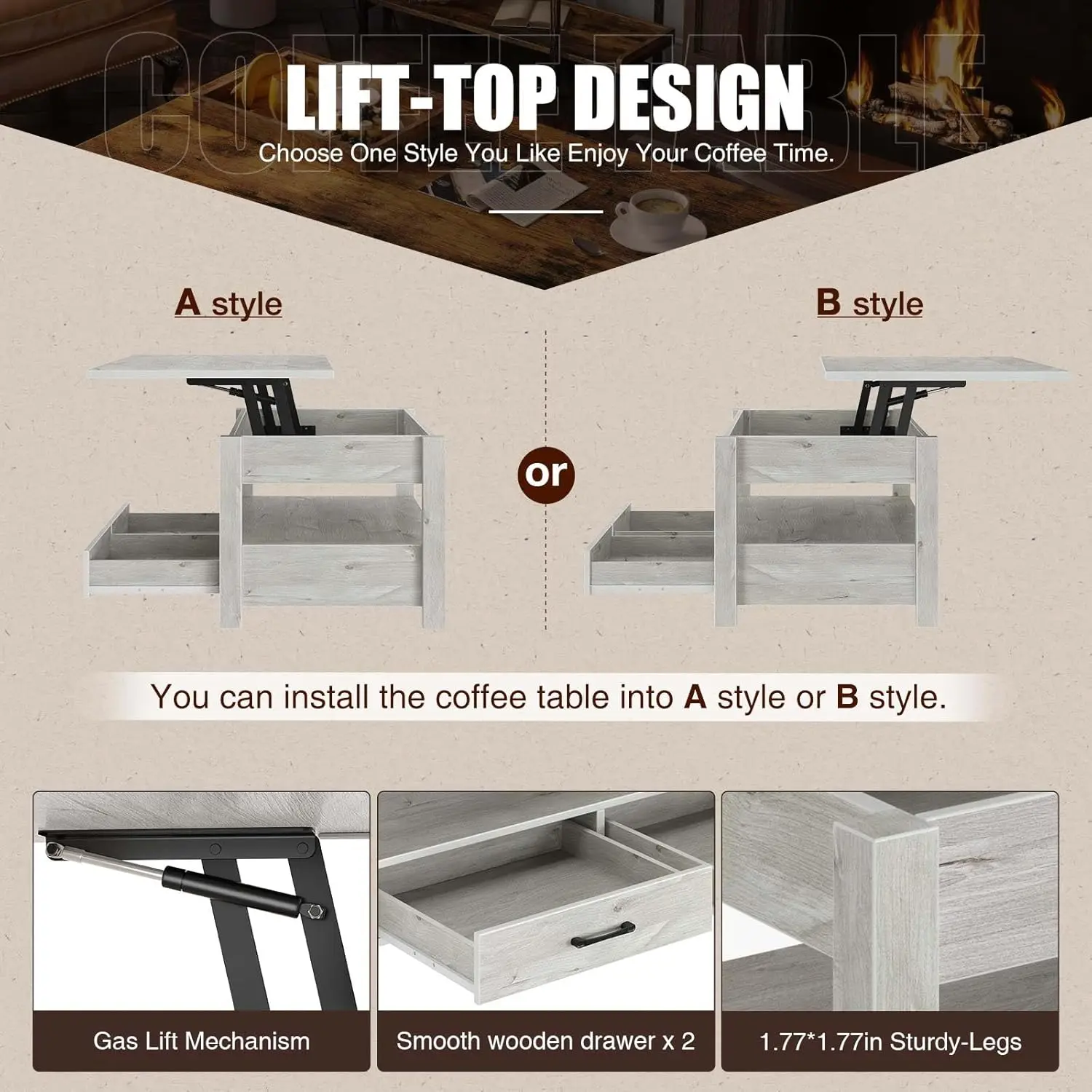 Coffee Table, Lift Top Coffee Table with Drawers and Hidden Compartment, Living Room Table with Wooden Lift Tabletop