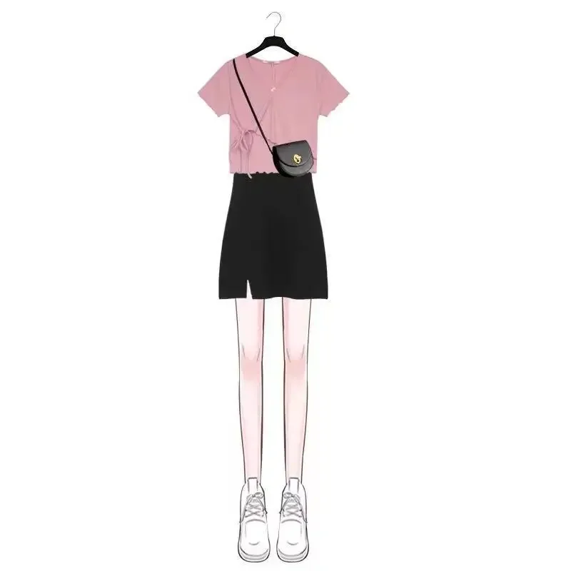 

Women's Summer Suit Women's Slim Slim Short-sleeved Pink Shirt + Black Suspender Skirt Two-piece Suit