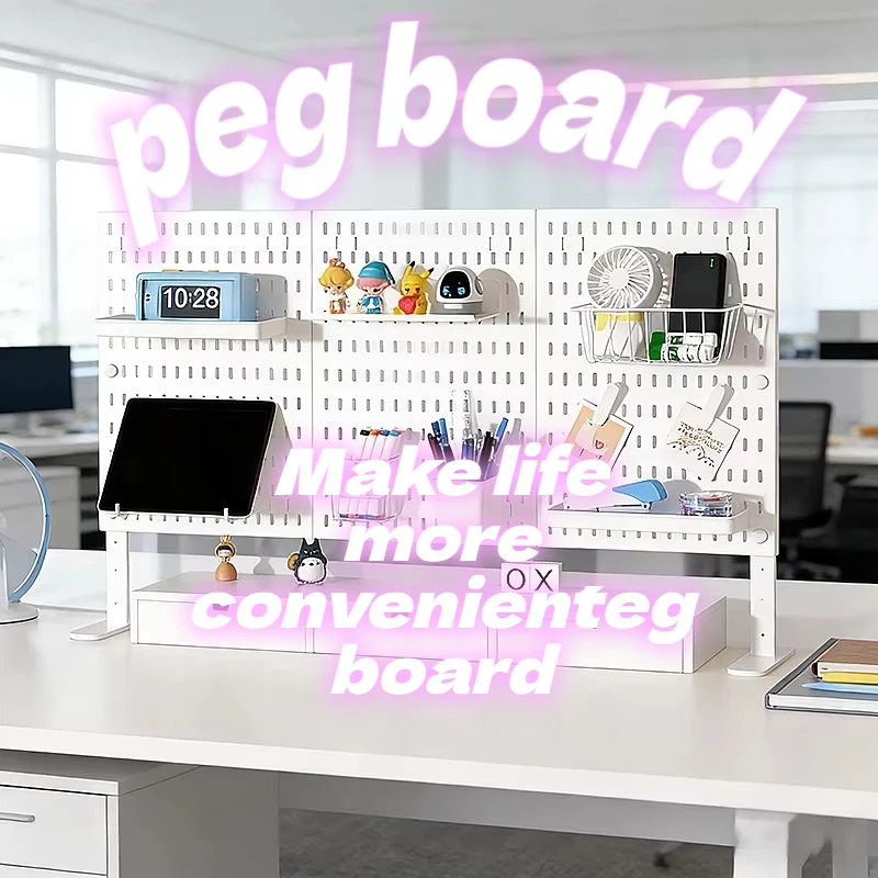 Clamp Desk Pegboard Wall Panel, C-Clip Mounted Plastic Hole Board for Office Tabletop Stationery Organizer with Hooks Shelf, No