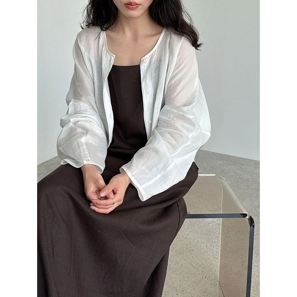 Camicia semplice con protezione solare girocollo da donna, nuovo cappotto sottile corto estivo in ramie