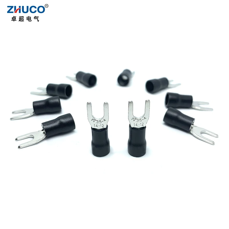 50pcs SV3.5-4 Black AWG14-12 U Fork Furcate Wire Copper Connector Black PVC Pre-Insulating Cord Pin End SV Spade Crimp Terminal