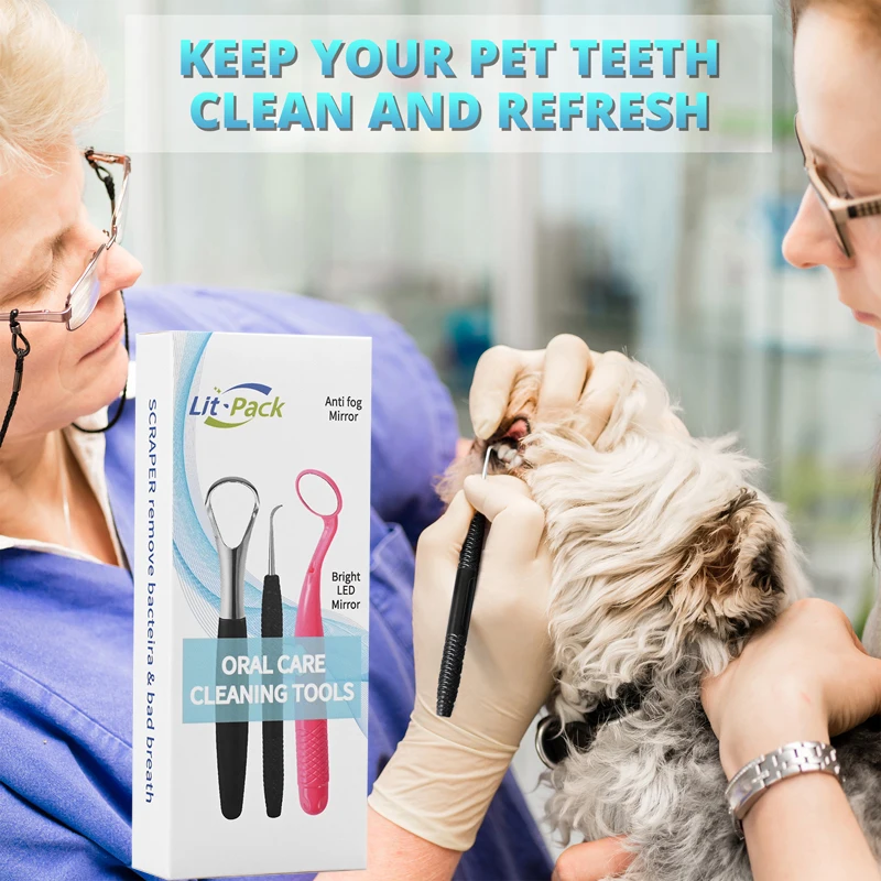 Lit-Pack (manufacturer) Pet Dental kit Dog Oral Care Super Bright LED Mouth Mirror Tongue Cleaner Interdental Tooth Scraper kit