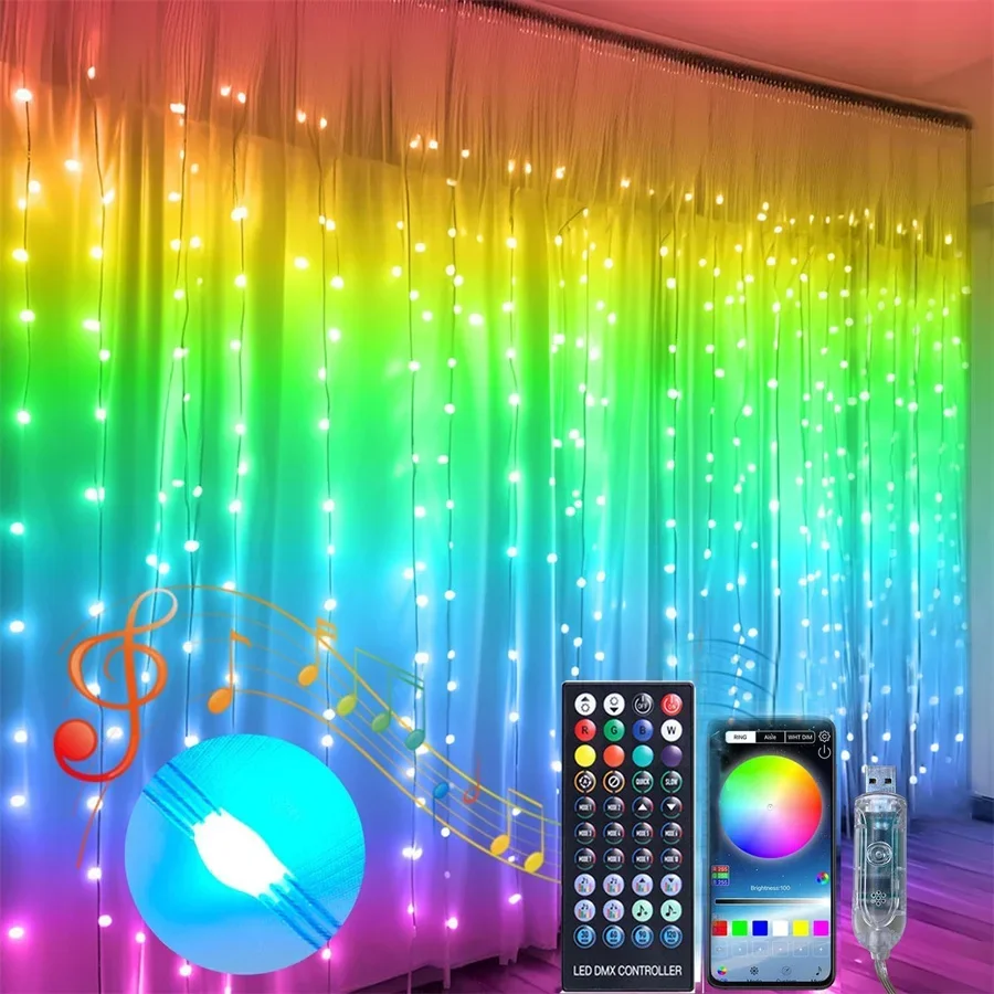 3X3M 300 LED Smart Window Curtain Fairy Lights RGBIC Color App Controlled Fairy Curtain Icicle Lights for Wedding Party Decor