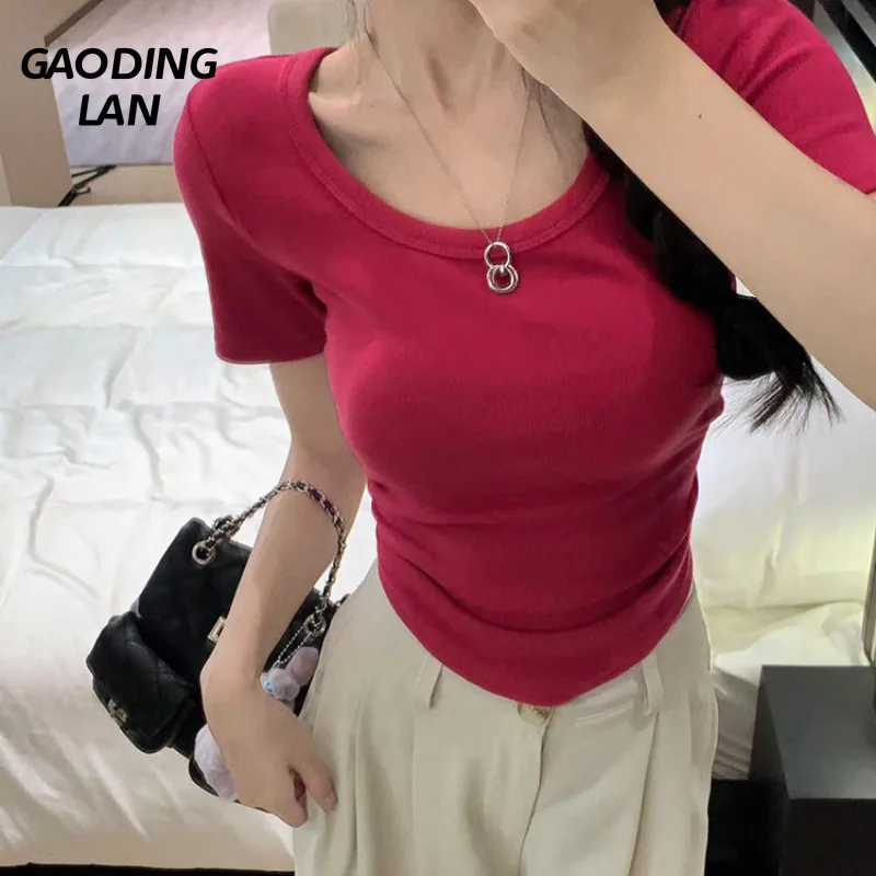 Hottie High Waist Slim Fit T-shirts Women Short Sleeve Solid Trend Expose Navel Sexy Cropped Tops Y2k Tight Bottoming Tee Korean