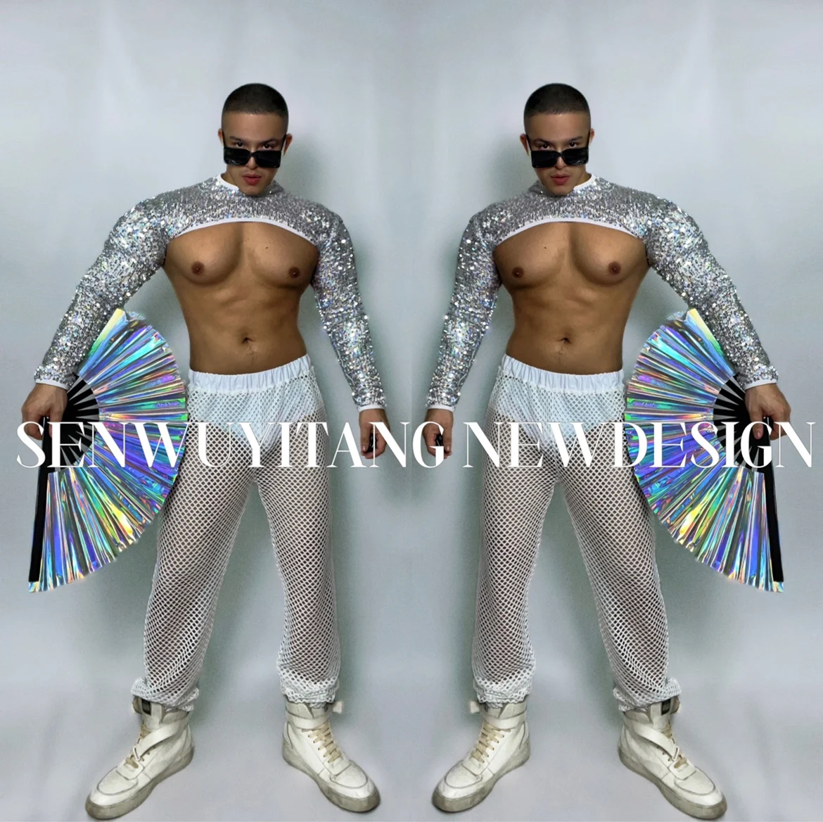 

Silver Glittering Sequin Top+White Hollowed-out Pants+Briefs Outfits Nightclub Bar Sexy Men Gogo Leading Dance Singer Stage Wear