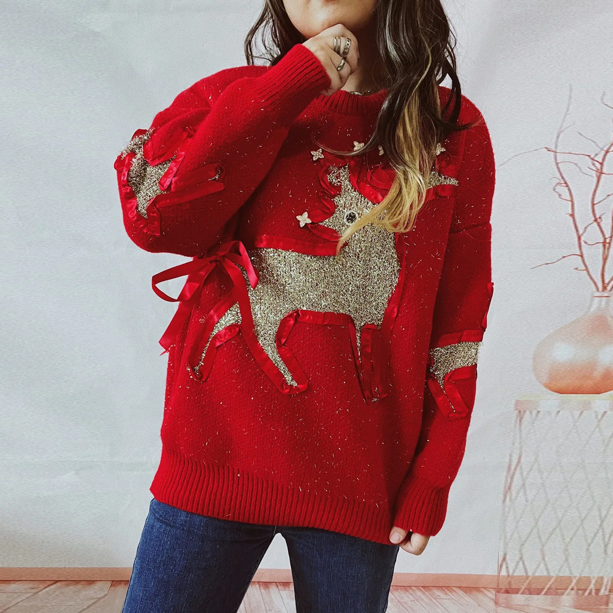 Autumn And Winter New Christmas Sweater Ribbon Gold Jacquard Deer Round Neck Thickened Knitted Pullover