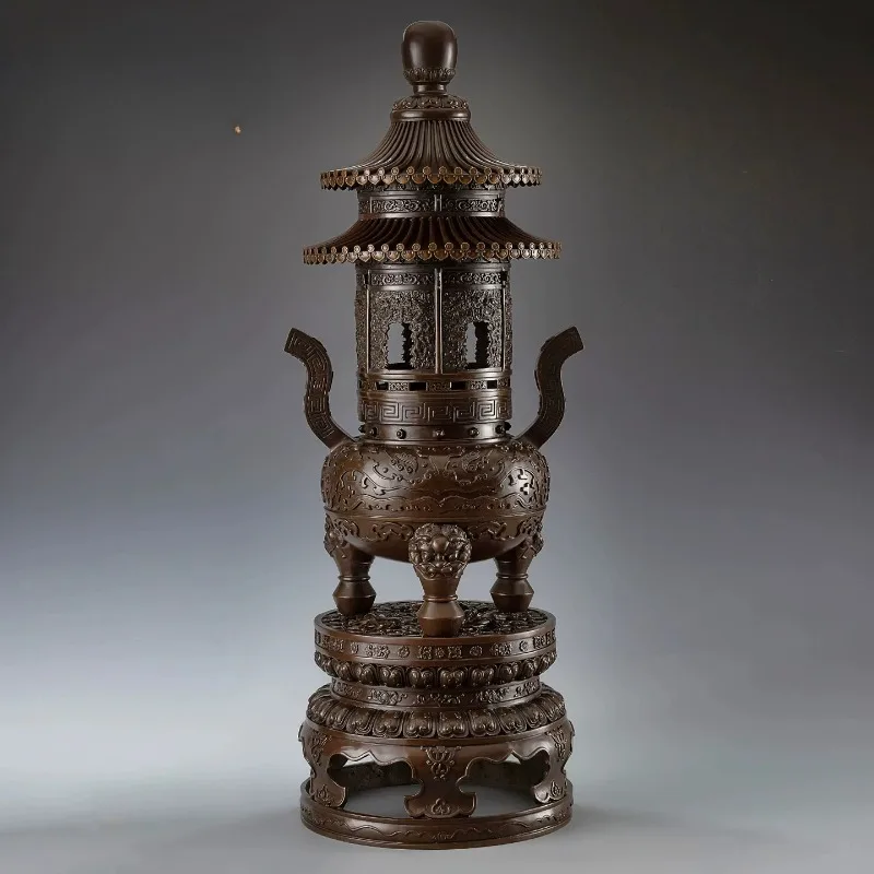 Three-layer antique incense burner floor-to-ceiling copper ornament temple pagoda offering incense utensils