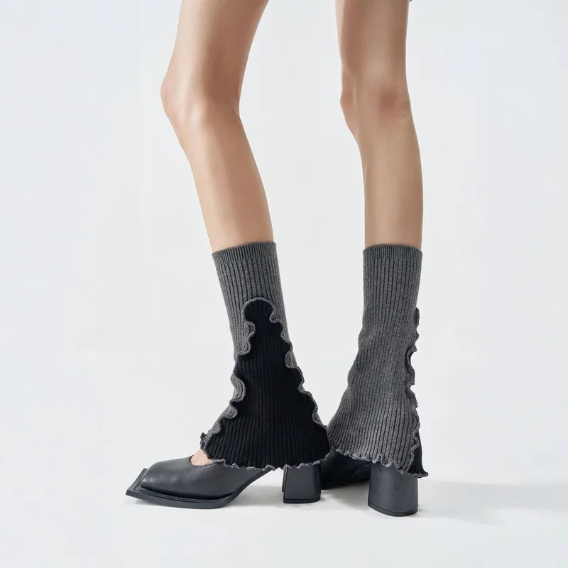 Vintage Ruffled Knit Leg Warmers for Women, Fall Winter Fuzzy Rabbit Hair Blend, Slim Fit Calf Socks, Versatile JK Style