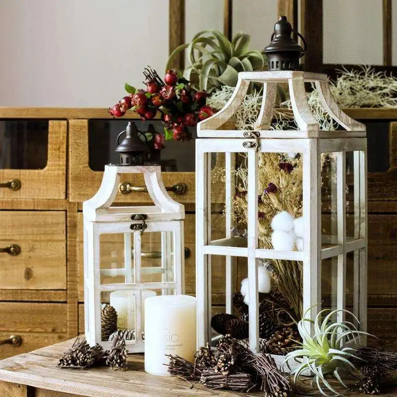 Nordic retro wooden candle holder wind lamp glass metal iron candle holder garden handicraft ornament shooting props
