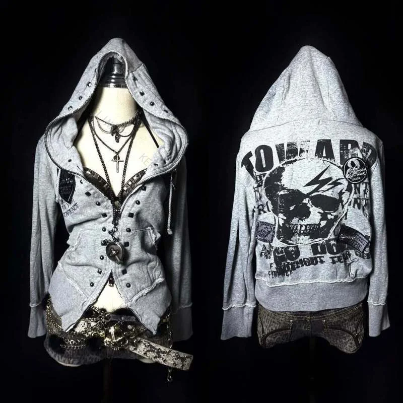 

Subcultural punk Y2k trend dark style long sleeved hooded jacket European and American trendy fashion sexy hotgirl versatile top