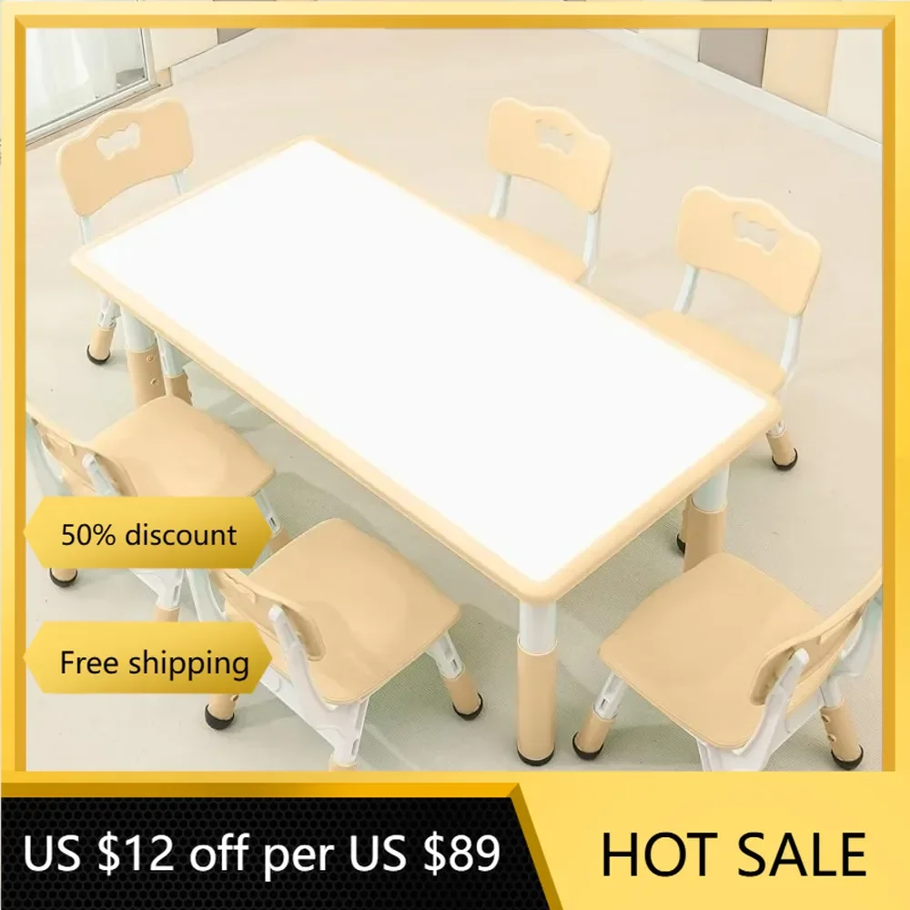 

Children's Table Chair Set Suitable Adjustable Table top Can be Painted with 6 Seats Suitable(Wood Color)freight free