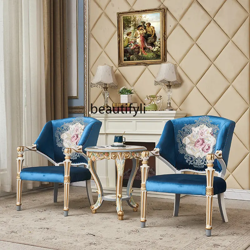 yj American Solid Wood Sofa Chair Combination French Court Painted European Study Chair Coffee Table Three-Piece Set