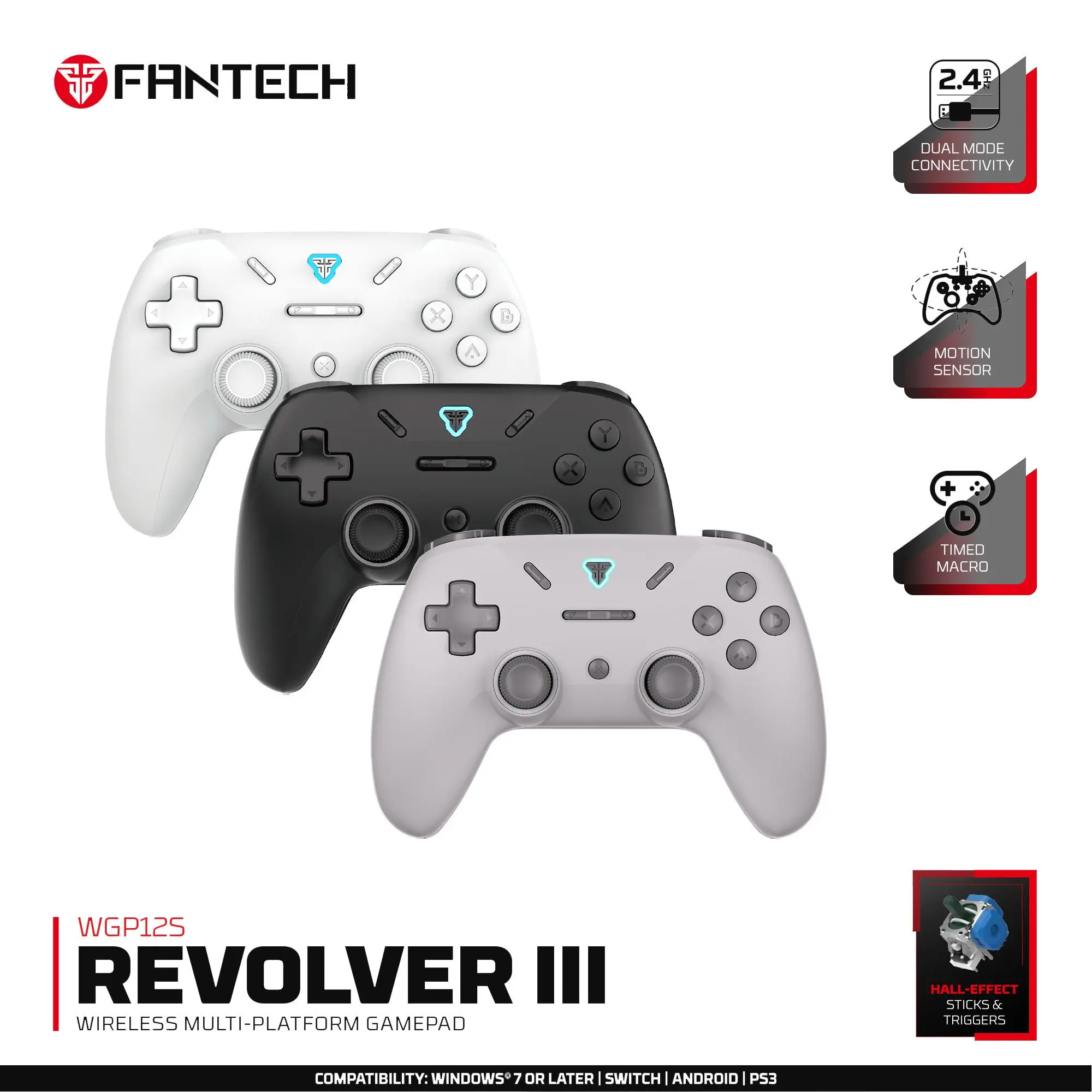 FANTECH WGP12S Gamepad 2.4G Wireless Gaming Controller Hall-Effect Triggers & Joystick Polling 1000Hz For PC Android NS PS3