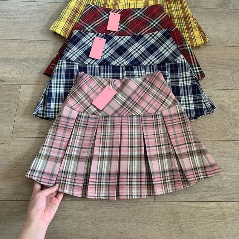 Retro Yellow Plaid Pleated Skirt for Women in Summer Design High Waist A-line Skirt