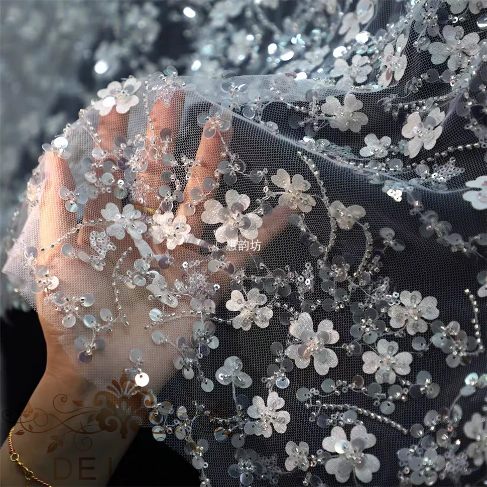 

HYF New Style Beaded 3D Flower Lace Fabric Exquisite Wedding Dress Shining Sequins Lace Fabric