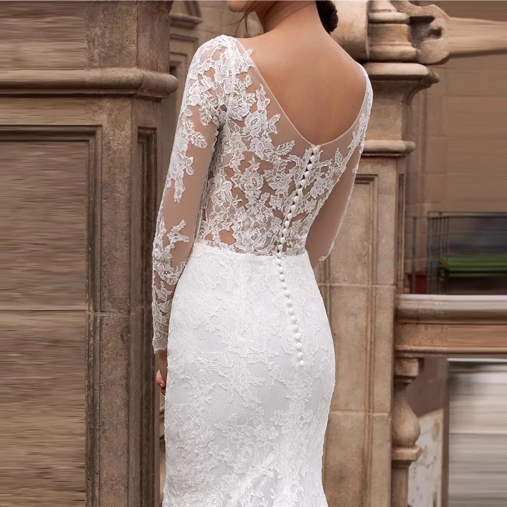 Vintage sexy sirena de manga larga ​ Vestido de novia de encaje con cuello en V, vestido de novia personalizado, cola de corte