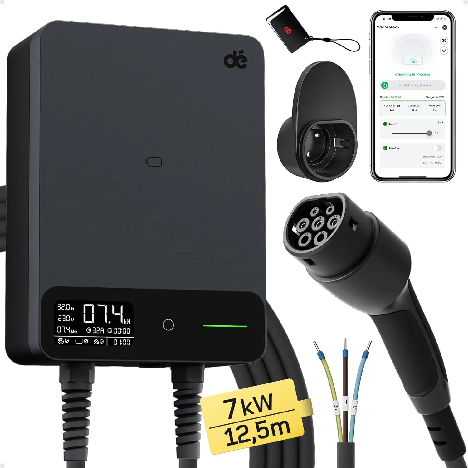 dé 7.4kW laadstation voor elektrische voertuigen met APP, Wallbox 7kW 6A-32A type 2 oplaadkabel met 5m 7m 10m 15m, RFID- en stekkerhouder, laadstation met RCD type B