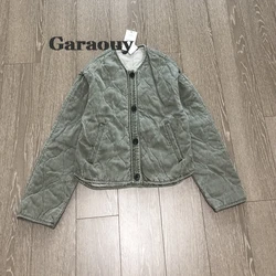 Garaouy Women's Check Cotton Jacket Round Neck Loose Long Sleeve Single Breasted Coat Vintage Street Fashion Pocket Warm Top