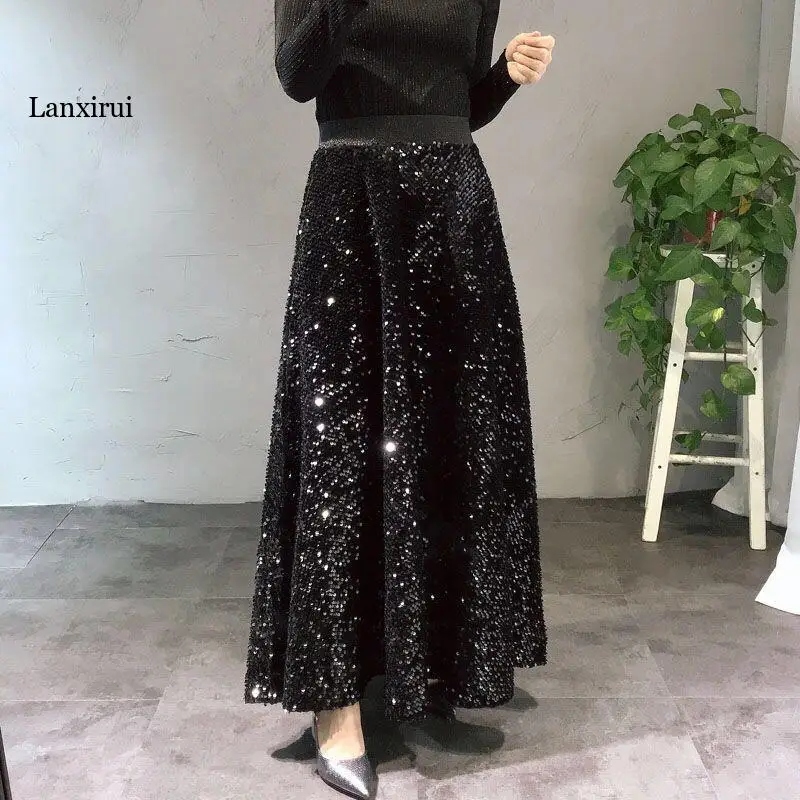 

Shiny Sequin Long Skirt Women Summer High Waist Elastic Wraps Black Skirts Female Fashion Elegant