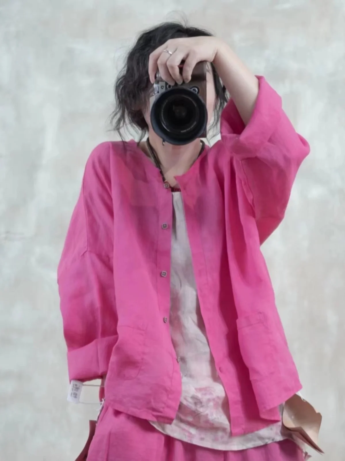 

Ele Linen irt Women's Early Autumn Faion Simple Loose Casual round Ne Sun Protection Linen Open Cardigan Top