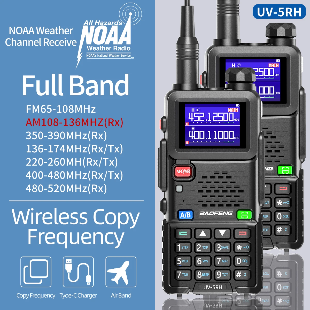 

2PCS Baofeng UV-5RH 10W Air Band Walkie Talkie Wirless Copy Frequency 999CH Type-C Charger NOAA Long Range UV 5R 17 Pro Radio