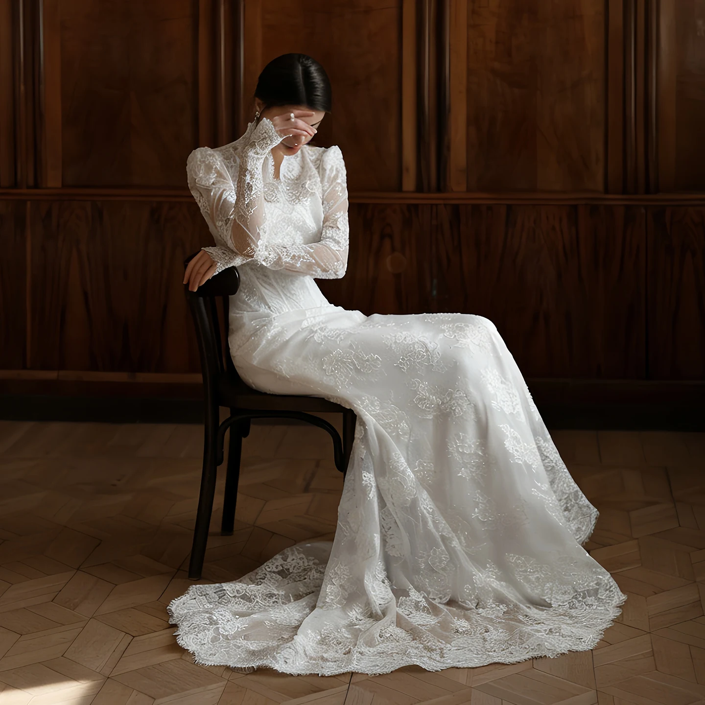 Sharon Said Elegant High Neck Lace Wedding Dress Long Sleeves Mermaid Bridal Gown with Detachable Overskirt SW279 Customized