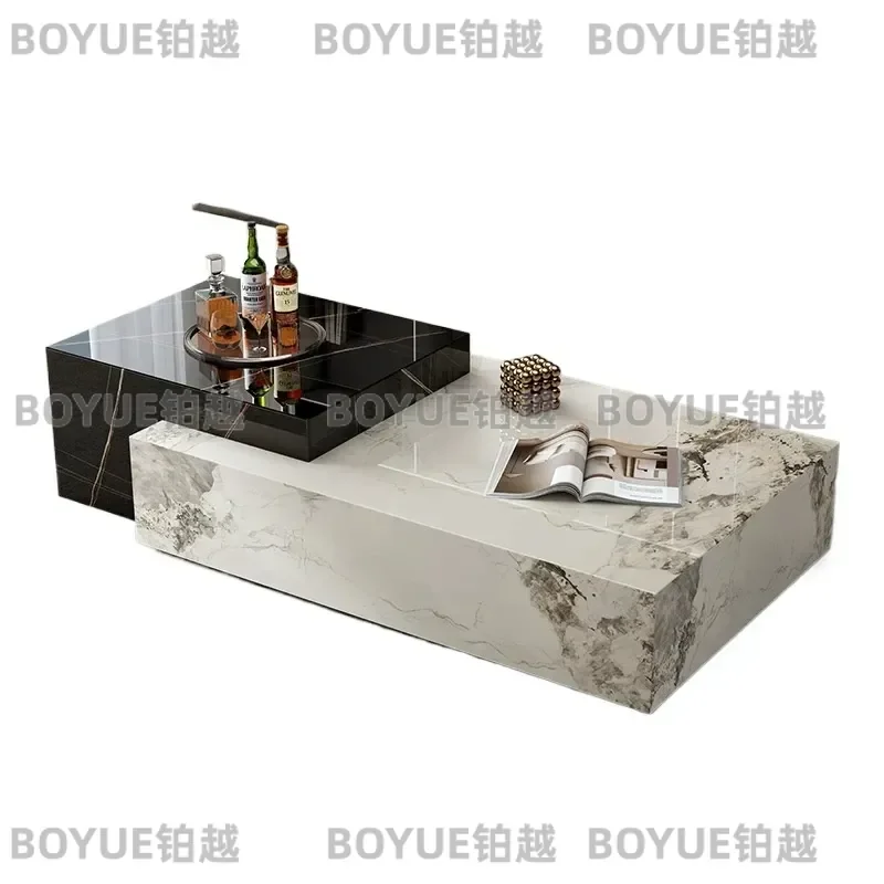 for Tuochen A04 Modern Luxury Marble Top Wooden Rectangle Coffee Table Set with Drawer Stretchable Furniture for Home Living
