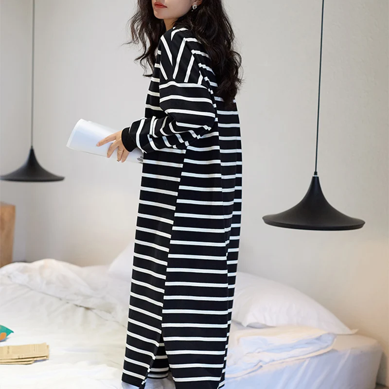 Spring Autumn Cotton Sleepwear Striped Nightgowns Ladies Sexy Big Size Women's Long Sleeve Nightdress Homewear Casual Lounge