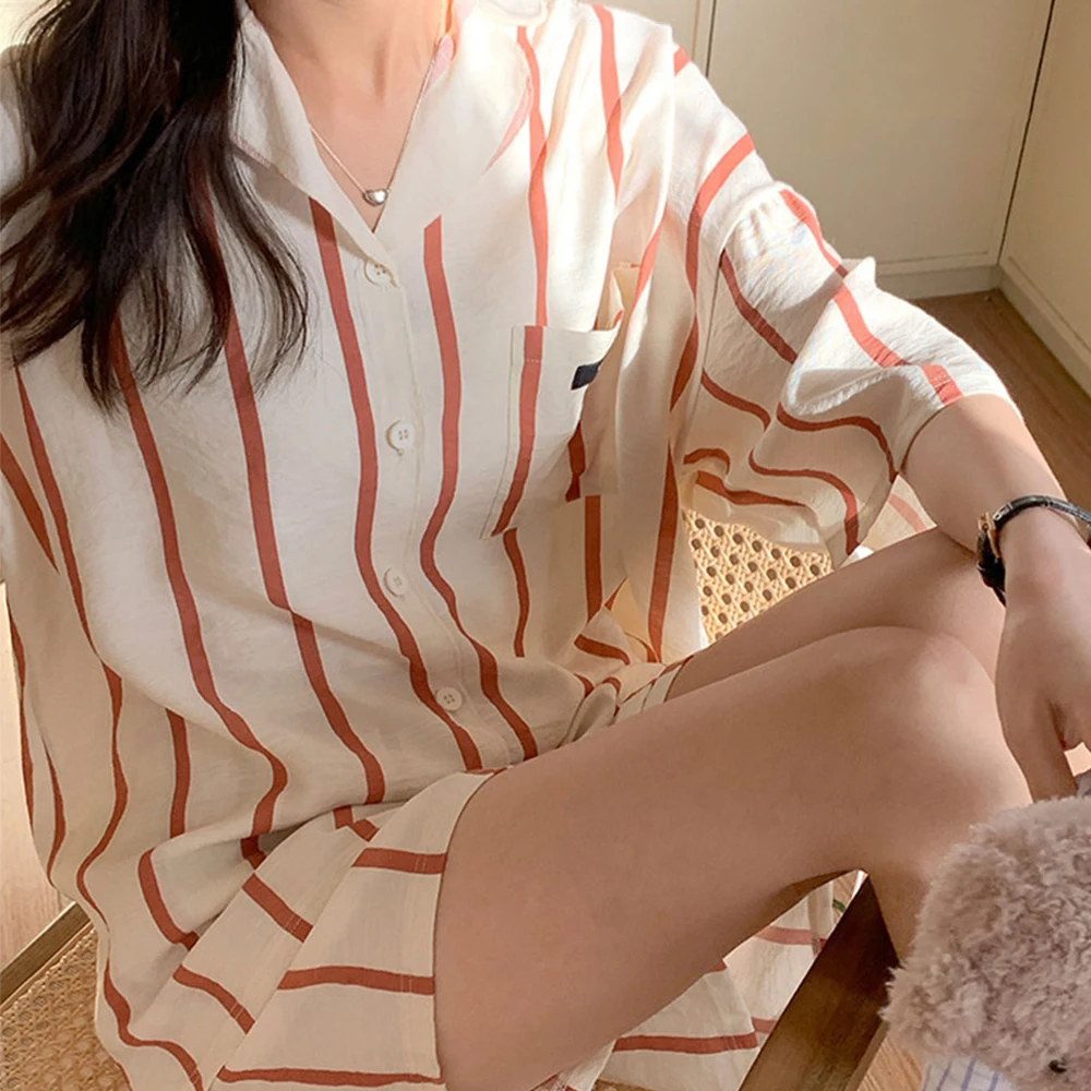 Summer Pajamas Stripe Short Sleeved Sleepwear Women\'s Pajamas Set Casual Homewear Cute Pajama Nightwear