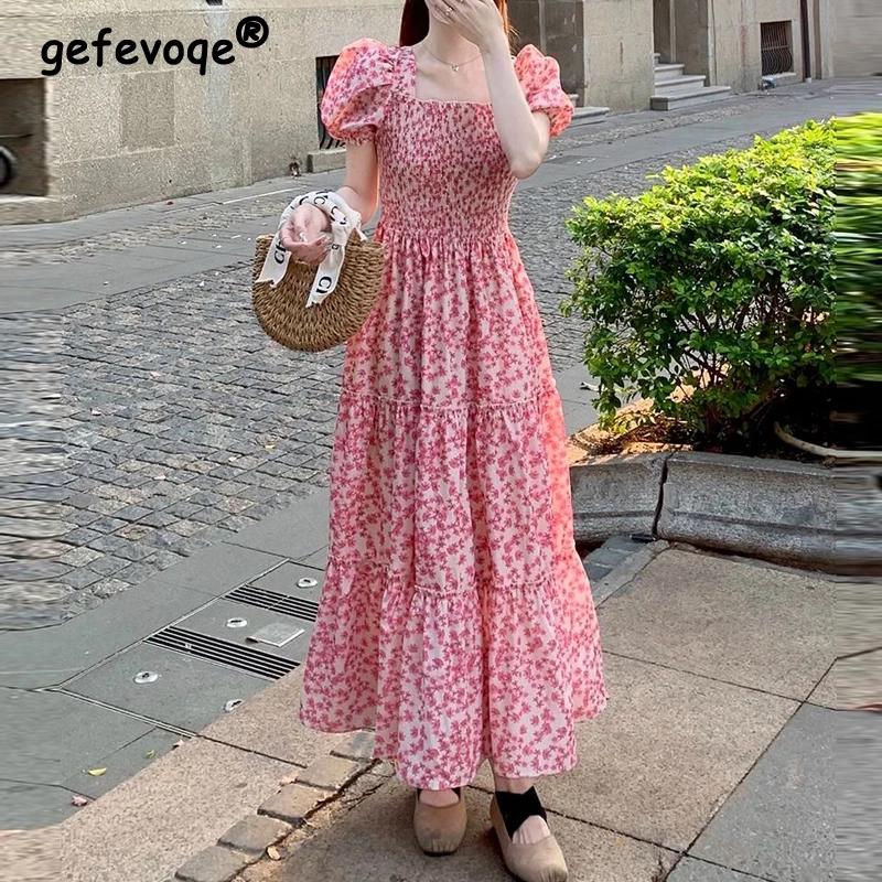 Women Vintage Fashion Ruffle Floral Print Square Neck Elegant Dresses Summer Sweet Chic Short Sleeve Slim Fairy Beach Maxi Dress