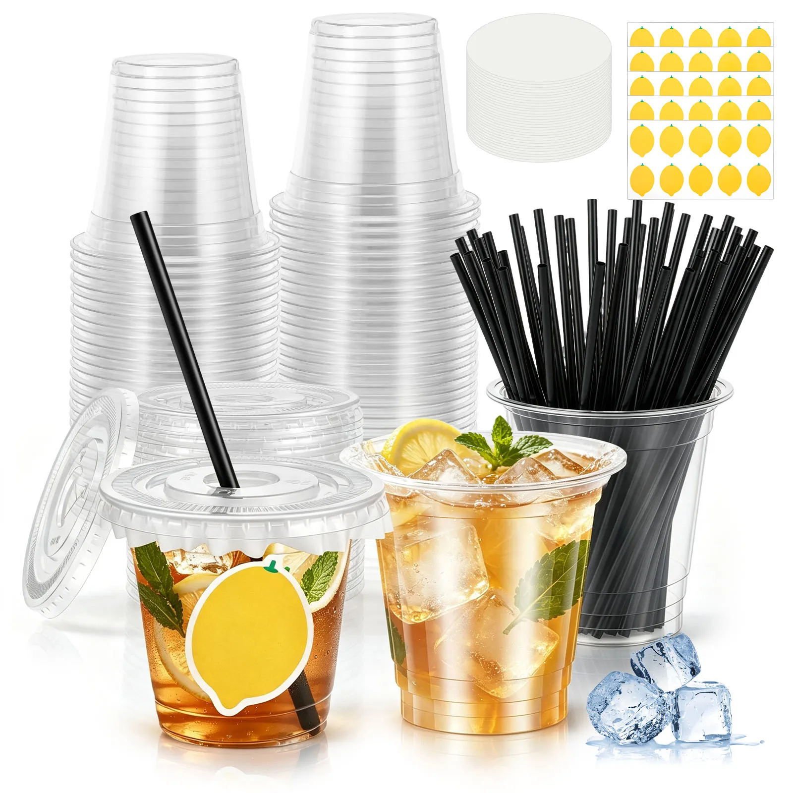 50/100Pcs 12OZ Plastic Cups With Lid and Straw Clear Disposable Drink Cups For Parties Iced Coffee Smoothie Milkshake Cold Drink