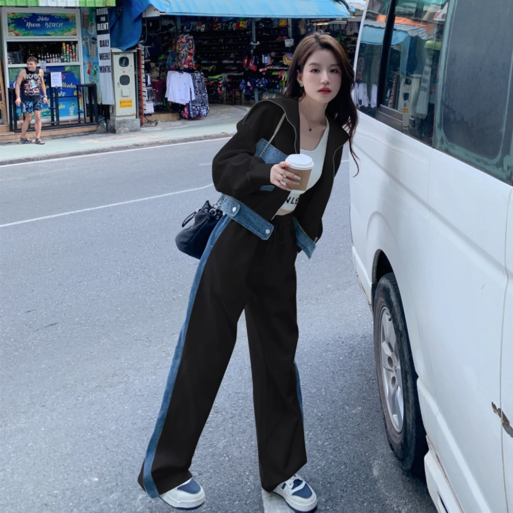 Casual Trousers Sports Suit Women\'s Spring/Autumn Fashion Color Contrast Hoodie Jacket + High Waist Wide Leg Pants Two Piece Set