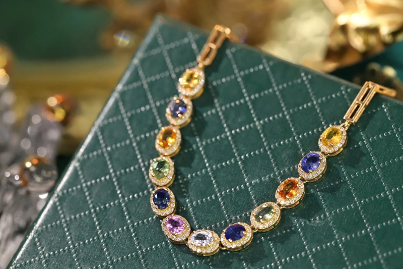 KUGG 100% 18K Yellow Gold Bracelet Romantic Rainbow Design Shiny Diamond Natural Aquamarine Bracelet for Women Wedding Jewelry