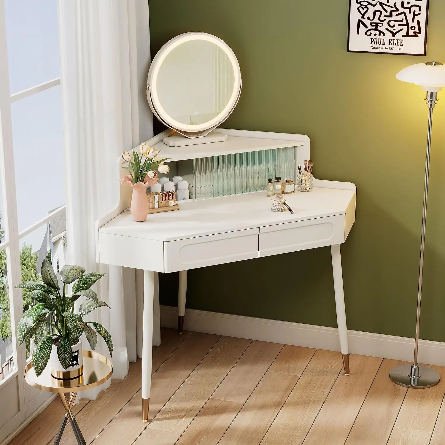 Corner Vanity with Hidden Storage and 2 Drawers, Corner Vanity Desk with Mirror and Lights, Customized