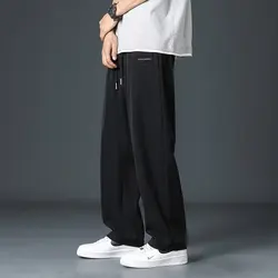 Spring Fashion Elastic Waist Drawstring Solid Men's Clothing Casual Trend Ice Silk All-match Loose Thin Straight Pants