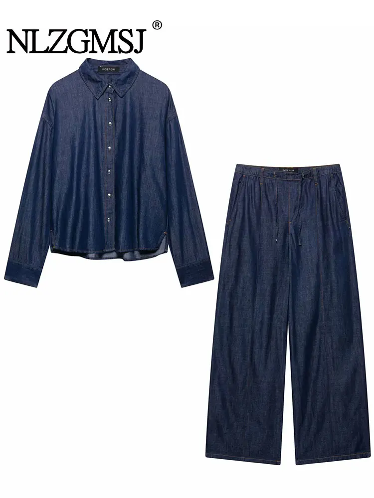 

NLZGMSJ 2025 весенний шикарный женский ковбойский костюм с отложным воротником, однобортные свободные куртки, длинные брюки, модные джинсовые костюмы