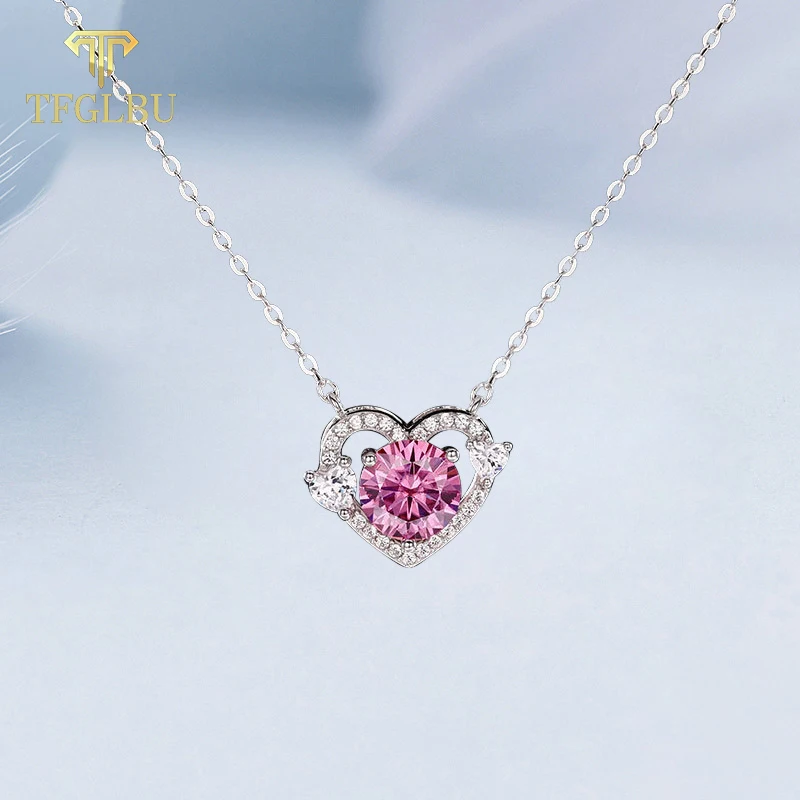 

TFGLBU 1CT Shine Pink Moissanite 925 Sterling Silver Pendant for Women New Cute Heart Necklace Valentines Gift Luxury Jewelry