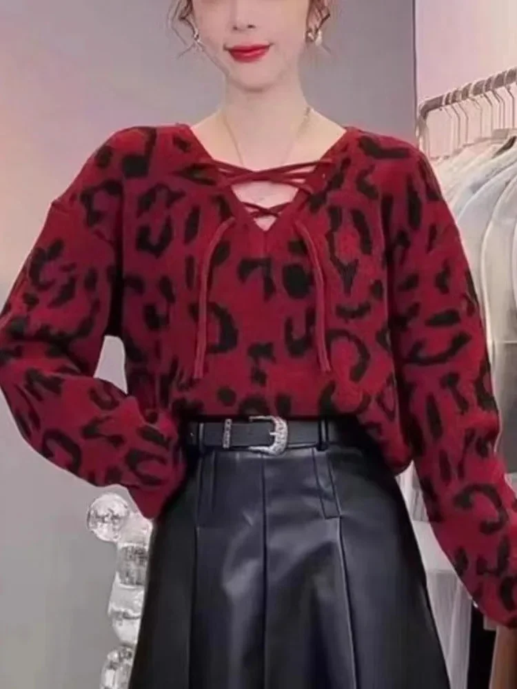 

Пуловеры с леопардовым принтом, женская одежда, женский джемпер с длинными рукавами и v-образным вырезом, Sueter Mujer, сексуальный шикарный вязаный свитер, топы