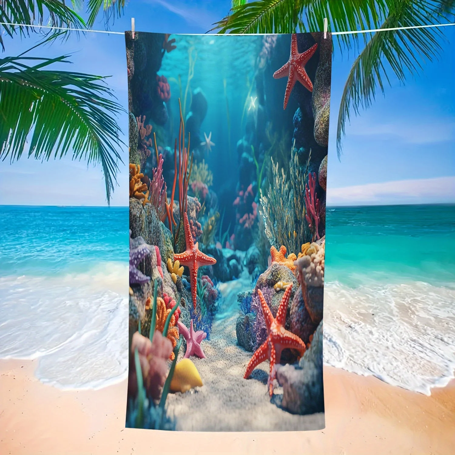 Vibrant Starfish Beach Towel, Colorful Coral Reef Print, Quick Dry Microfiber, Oversized for Beach Pool, Gift for Ocean Lovers