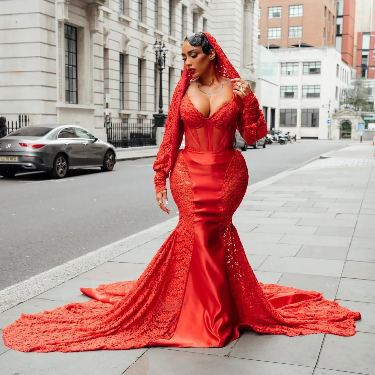 Red Aso Ebi Evening Dresses Exposed Boning Long Prom Dress Stunning Vestidos V Neck Puffy Long Sleeves Wedding Party Gowns 2024