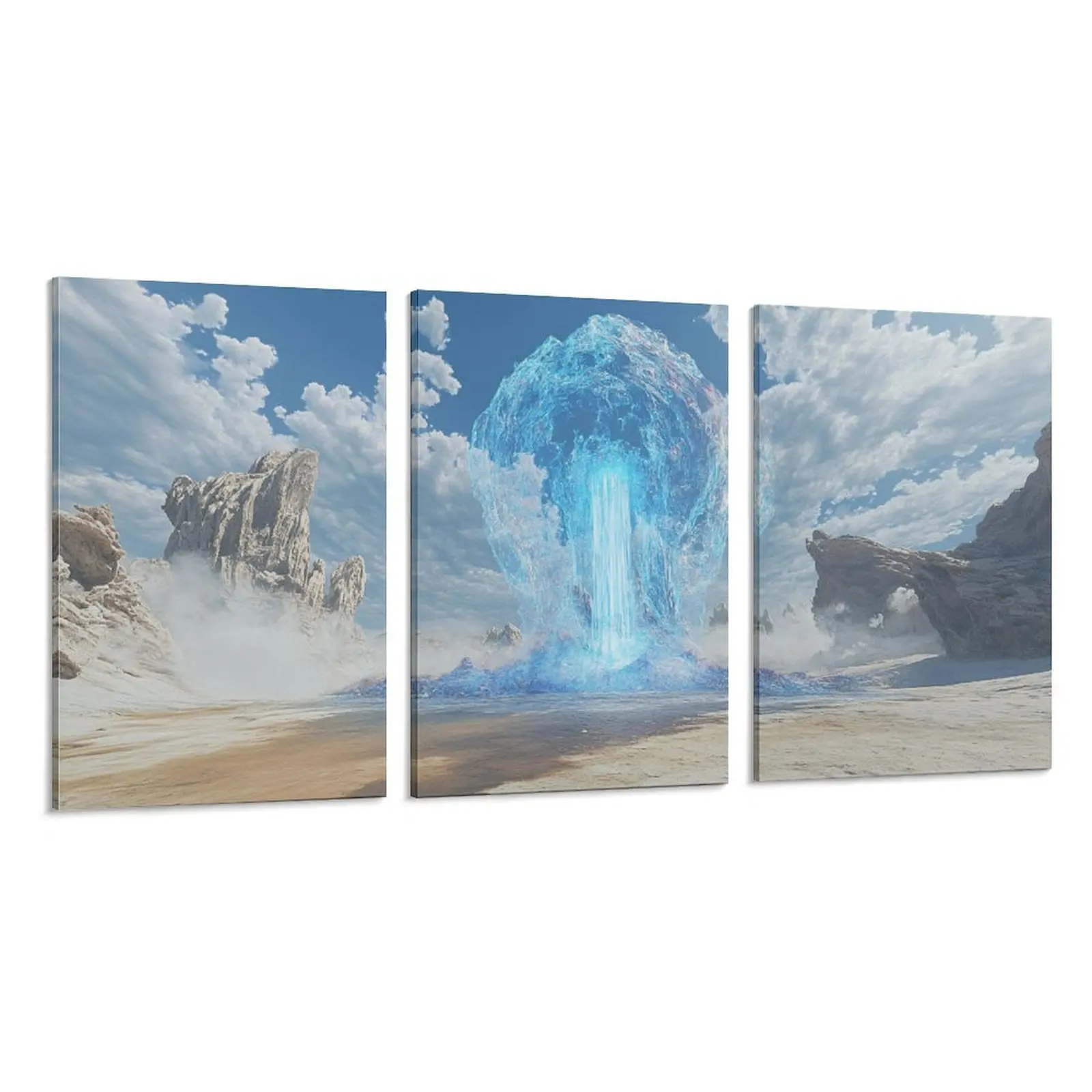 Juego de 3 Cuadros Decorativos en Lienzo con Marco, Diseño de Portal Energético Azul del Desierto, Arte Realista de Fantasía para Sala de Estar, Sala de Esports, Sala de Meditación