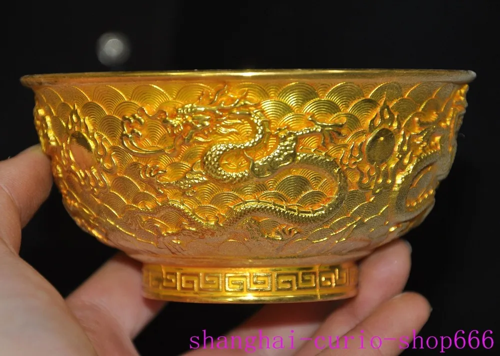 

4.6 inch Ancient Chinese Dynasty Bronze Gold Plated Fortune Dragon Palace Teacup Bowl - Brass animal sculpture