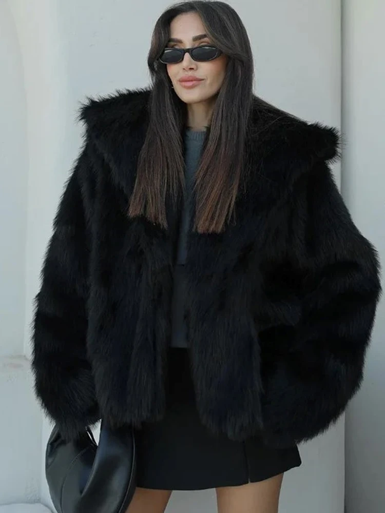 

Повседневное пальто из искусственного меха с лацканами и v-образным вырезом, женское шикарное однотонное свободное короткое пальто с длинным рукавом, модная женская зимняя теплая повседневная уличная верхняя одежда