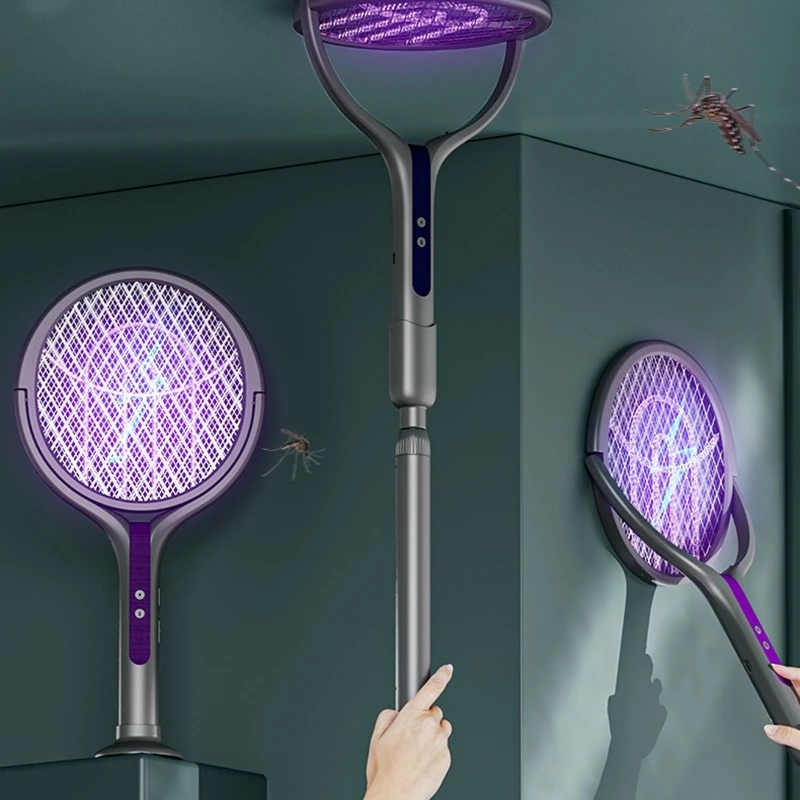 Telescopic Electric Mosquito Swatter & UV Trap Lamp, Extendable 106cm, Safe Physical Killer, Rechargeable, Wall Mount No Gap